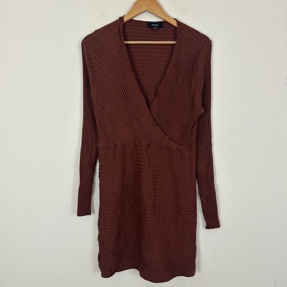 Forever 21 Sweater Dress Brown Ribbed Long Sleeve Surplice Neck Womens 2X Read